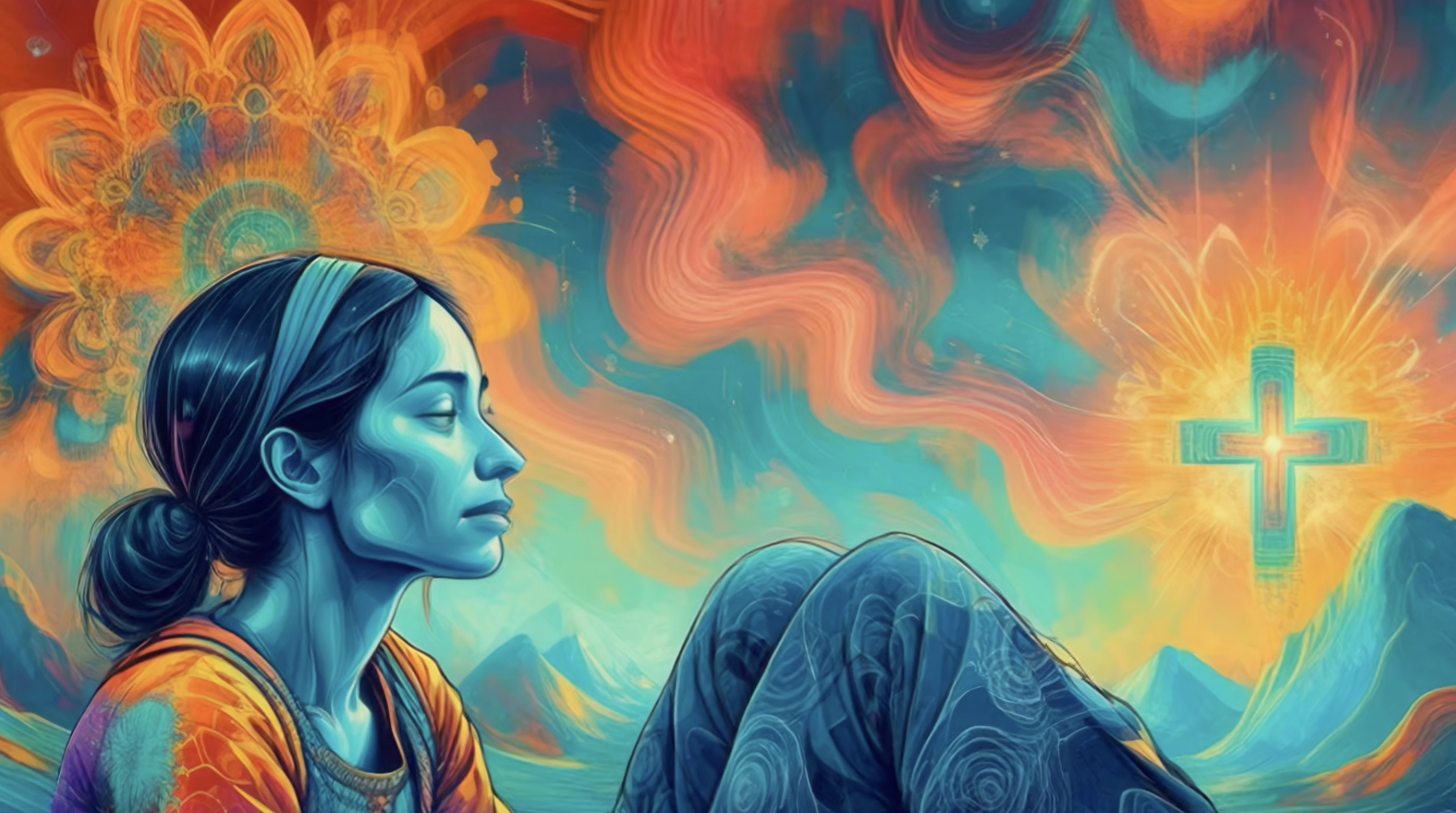 A person sitting on a cliff overlooking a glowing river and rainbow-colored mountains in 4K trippy visuals for relaxation.